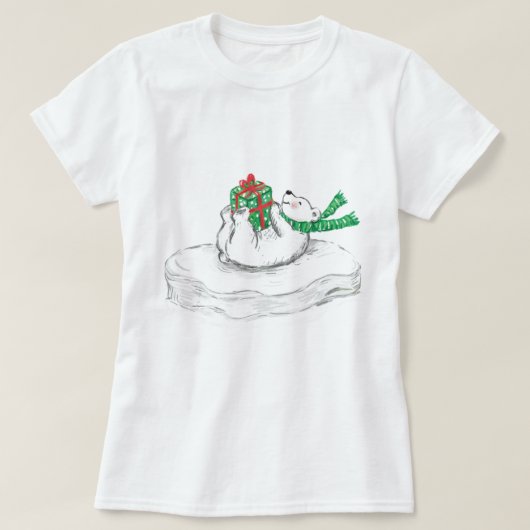 クリスマスプレゼントを飾ったかわいい漫画のホッキョクグマ Tシャツ (デザイン正面)