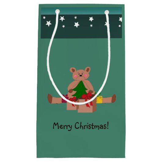 クリスマスプレゼントを飾ったテディベア スモールペーパーバッグ (正面)