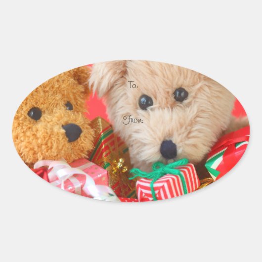クリスマスプレゼントを飾ったテディベア 楕円形シール (正面)