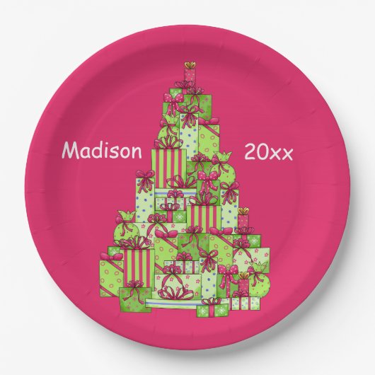 クリスマスプレゼントツリー名パーソナライズされた ペーパープレート (正面)