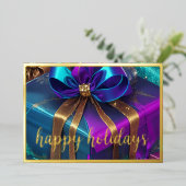 クリスマスプレゼントティール（緑がかった色）ブルーパープル 箔シーズンカード (立ち正面)