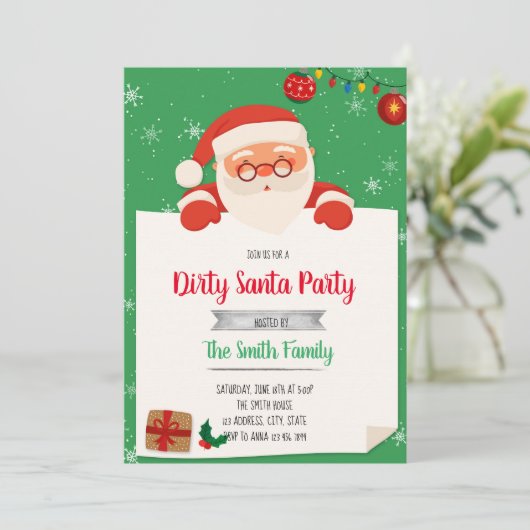 クリスマスプレゼント交換パーティーのお誘い（汚れたサンタクロースバージョン） 招待状 (スタンド正面)