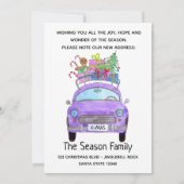 クリスマスプレゼント付きの紫色の新しいアドレス車 招待状 (裏面)