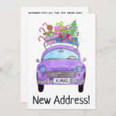 クリスマスプレゼント付きの紫色の新しいアドレス車 招待状 (正面/裏面)