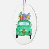 クリスマスプレゼント付きグリーンカー水彩色 セラミックオーナメント (左)