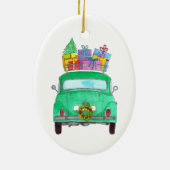 クリスマスプレゼント付きグリーンカー水彩色 セラミックオーナメント (裏面)