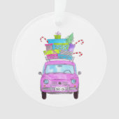 クリスマスプレゼント付きピンクの車の水色 オーナメント (正面)