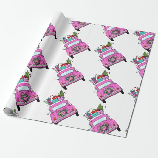 クリスマスプレゼント付きピンクの車 ラッピングペーパー (アンロールド)