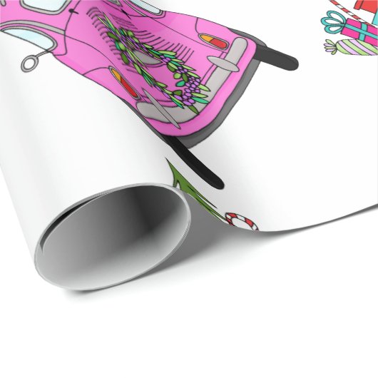 クリスマスプレゼント付きピンクの車 ラッピングペーパー (ロールコーナー)