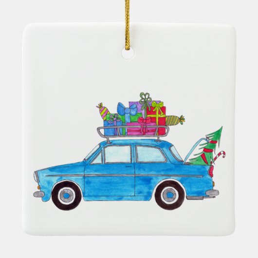 クリスマスプレゼント付きブルーカーウォーターカラー セラミックオーナメント (裏面)