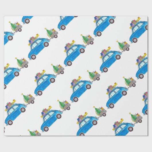 クリスマスプレゼント付きブルーフィアット500水色 ラッピングペーパー (フラット)