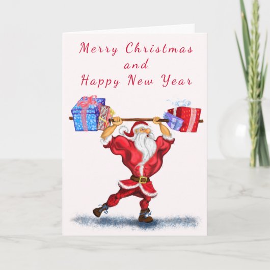 クリスマスプレゼント付きボディビルダーSanta Claus -おもしろい カード (正面)