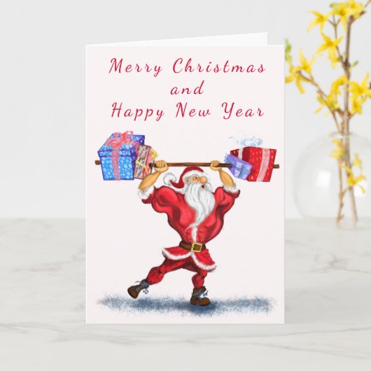 クリスマスプレゼント付きボディビルダーSanta Claus -おもしろい カード (黄色い花)