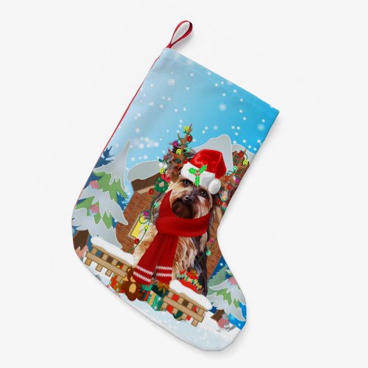 クリスマスプレゼント付きヨークシャー・テリア犬 スモールクリスマスストッキング (正面 (吊り時))