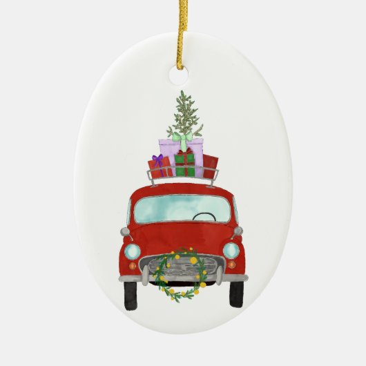 クリスマスプレゼント付きレッドカーセラミックオーナメント セラミックオーナメント (正面)
