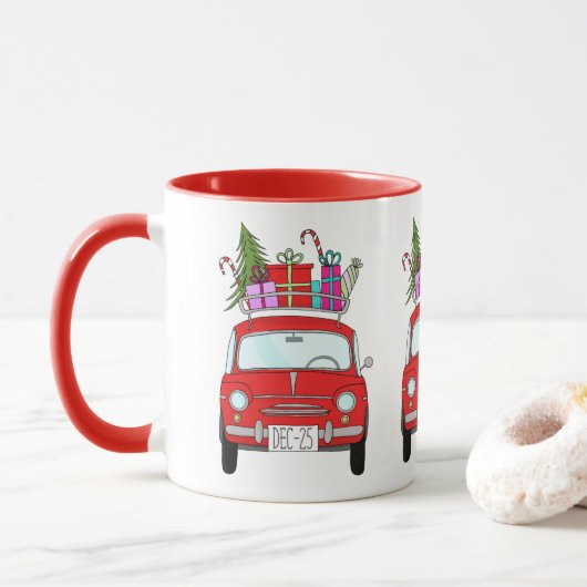 クリスマスプレゼント付きレッドカー マグカップ (ドーナツ)
