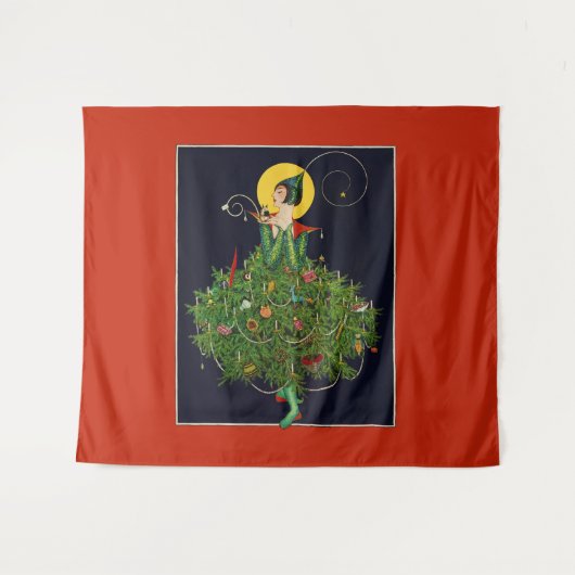 クリスマスプレゼント付き婦人アールデコ美しいファッション タペストリー (正面(横))