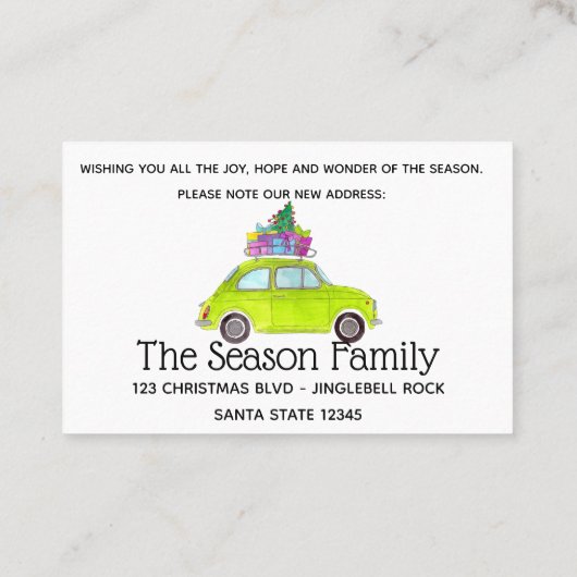 クリスマスプレゼント付き新しい住所グリーンフィアット500 名刺 (裏面)