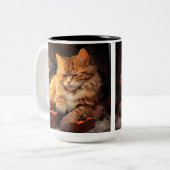 クリスマスプレゼント付き水彩オレンジ色のタビー猫 ツートーンマグカップ (正面左)
