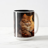 クリスマスプレゼント付き水彩オレンジ色のタビー猫 ツートーンマグカップ (正面右)