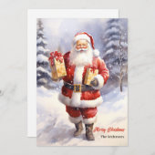 クリスマスプレゼント付き水彩色サンタクロース シーズンカード (正面/裏面)