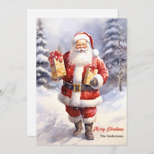 クリスマスプレゼント付き水彩色サンタクロース シーズンカード (正面/裏面)