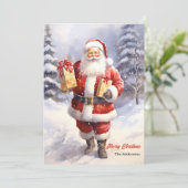 クリスマスプレゼント付き水彩色サンタクロース シーズンカード (スタンド正面)