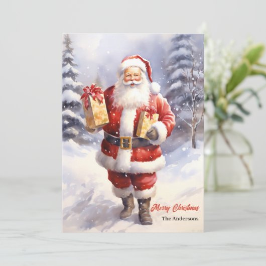 クリスマスプレゼント付き水彩色サンタクロース シーズンカード (スタンド正面)