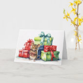 クリスマスプレゼント付き水色マウス カード (黄色い花)