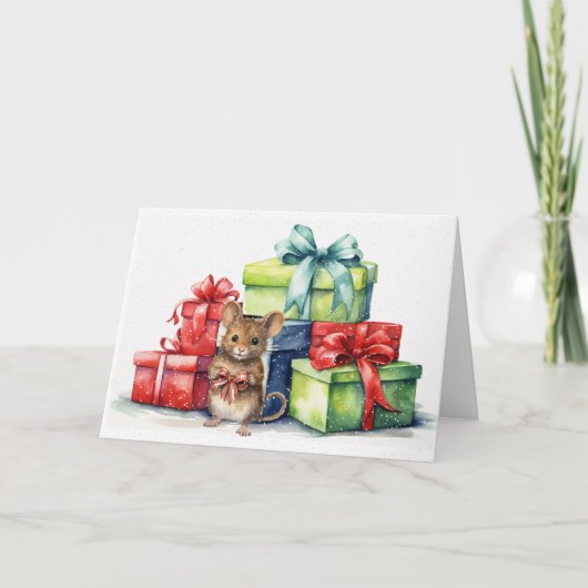 クリスマスプレゼント付き水色マウス カード (正面)