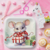 クリスマスプレゼント付き水色マウス ペーパープレート (パーティー)