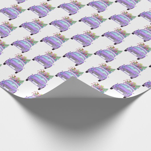 クリスマスプレゼント付き紫色の車の水色 ラッピングペーパー (角)