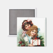 クリスマスプレゼント付き若い女の子ヴィンテージ磁石 マグネット (正面/裏面)