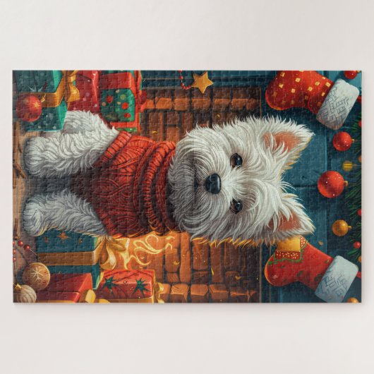 クリスマスプレゼント付き西ハイランドホワイトテリア ジグソーパズル (横)