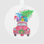 クリスマスプレゼント付き赤い車の水色 オーナメント (裏面)