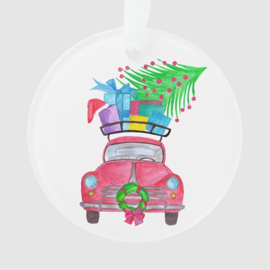 クリスマスプレゼント付き赤い車の水色 オーナメント (正面)