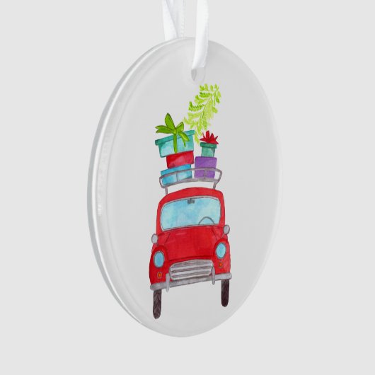 クリスマスプレゼント付き赤い車の水色 オーナメント (正面)