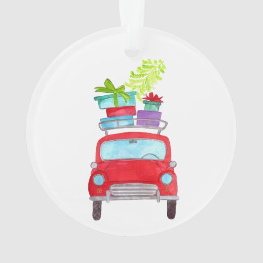 クリスマスプレゼント付き赤い車の水色 オーナメント (裏面)