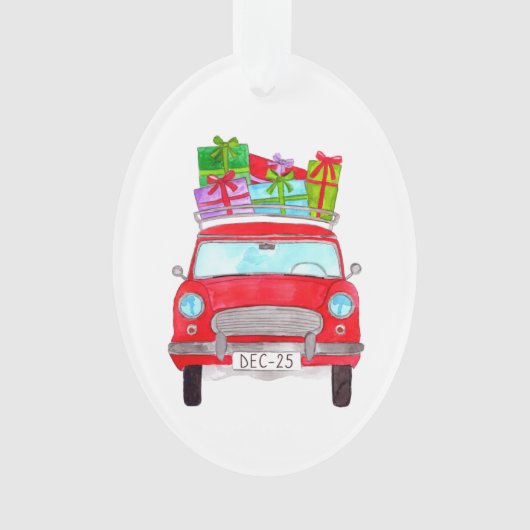クリスマスプレゼント付き赤い車の水色 オーナメント (正面)