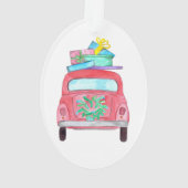 クリスマスプレゼント付き赤い車の水色 オーナメント (裏面)