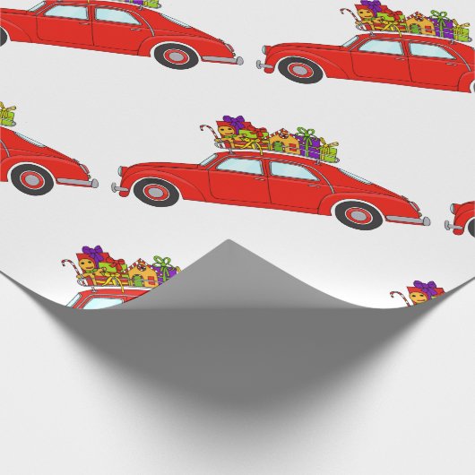 クリスマスプレゼント付き赤い車を包む紙 ラッピングペーパー (角)