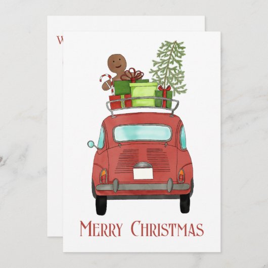 クリスマスプレゼント付き赤い車ホリデーカード シーズンカード (正面/裏面)