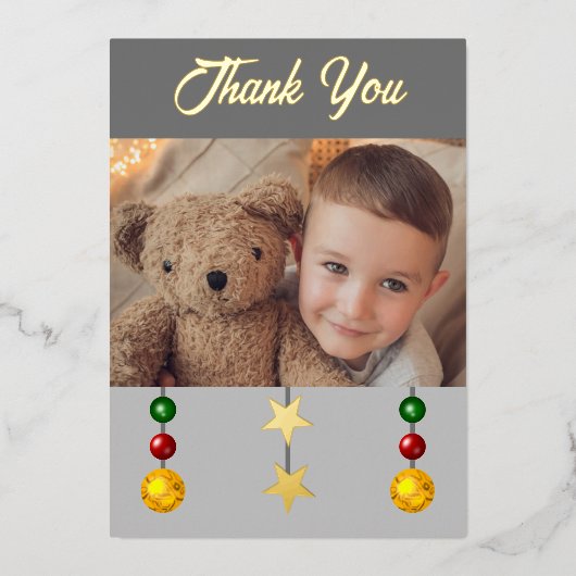 クリスマスプレゼント写真グレーありがとう 箔シーズンカード (正面)