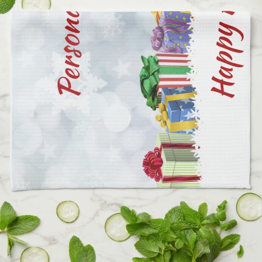 クリスマスプレゼント包まれたギフトハッピーホリデー キッチンタオル (折り畳み)