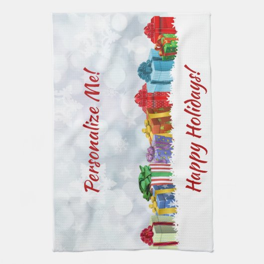 クリスマスプレゼント包まれたギフトハッピーホリデー キッチンタオル (縦)