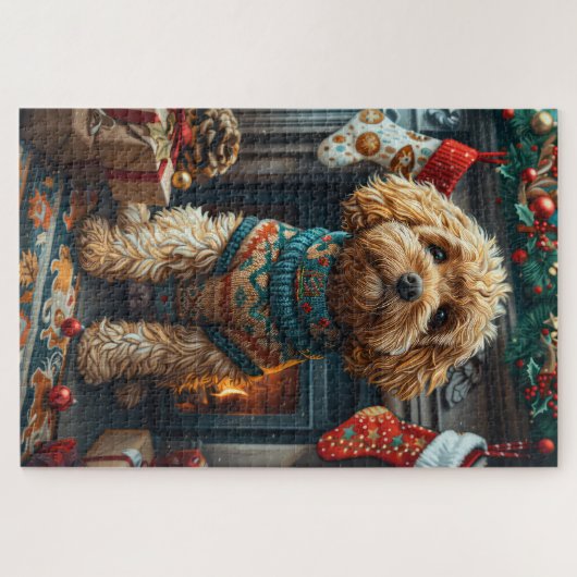 クリスマスプレゼント暖炉が付いたコックポウドッグ ジグソーパズル (横)