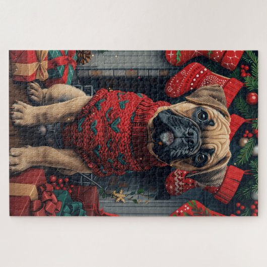 クリスマスプレゼント暖炉が付いたブルマスティフ犬 ジグソーパズル (横)