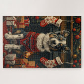 クリスマスプレゼント暖炉が付いたブルーヒーラードッグ ジグソーパズル (横)