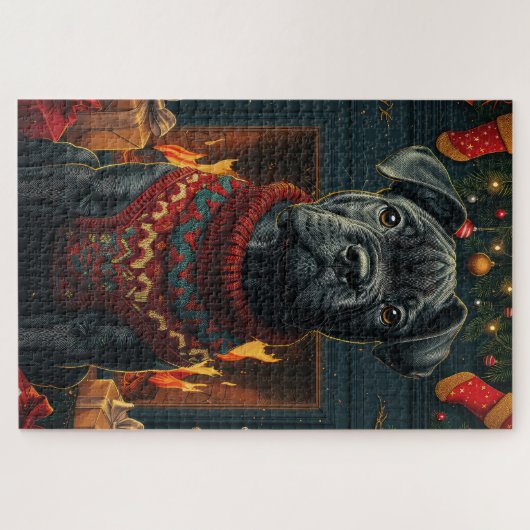 クリスマスプレゼント暖炉が付いた杖のコルソ犬 ジグソーパズル (横)