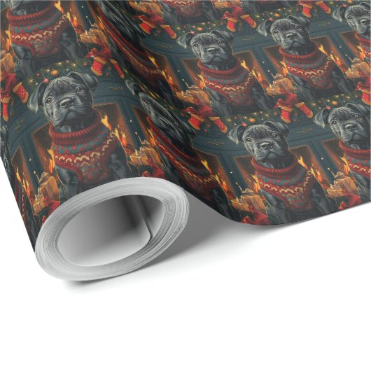 クリスマスプレゼント暖炉が付いた杖のコルソ犬 ラッピングペーパー (ロールコーナー)